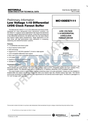 MC100ES7111 datasheet - LOW VOLTAGE 1:10 DIFFERENTIAL LVDS CLOCK FANOUT BUFFER