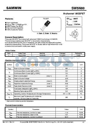 SW5N80 datasheet - N-channel MOSFET