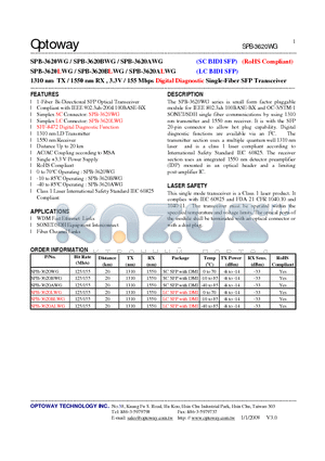 SPB-3620BLWG datasheet - 1310 nm TX / 1550 nm RX , 3.3V / 155 Mbps Digital Diagnostic Single-Fiber SFP Transceiver