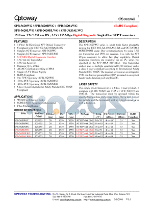 SPB-3620BWG datasheet - 1310 nm TX / 1550 nm RX , 3.3V / 155 Mbps Digital Diagnostic Single-Fiber SFP Transceiver