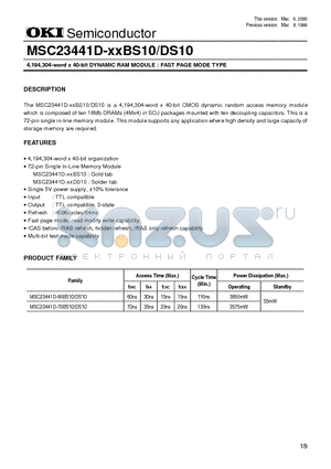 MSC23441D-60BS10 datasheet - 4,194,304-word x 40-bit DYNAMIC RAM MODULE : FAST PAGE MODE TYPE