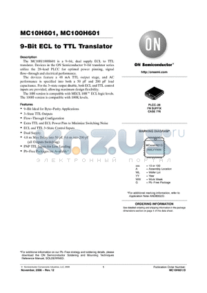 MC100H601FNR2 datasheet - 9−Bit ECL to TTL Translator