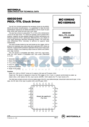 MC100H640 datasheet - PECL-TTL CLOCK DRIVER