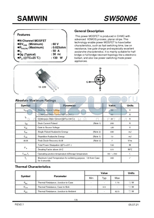 SW50N06 datasheet - N-Channel MOSFET