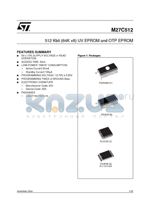 M27C512-10N1E datasheet - 512 Kbit 64Kb x8 UV EPROM and OTP EPROM