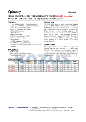 SPB-3640G datasheet - 1310 nm TX / 1550 nm RX , 3.3V / 155 Mbps Single-Fiber SFP Transceiver