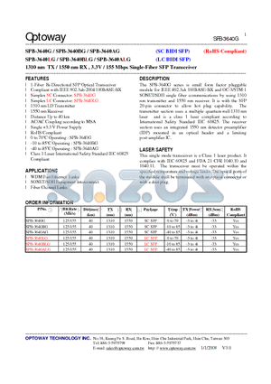 SPB-3640G datasheet - 1310 nm TX / 1550 nm RX , 3.3V / 155 Mbps Single-Fiber SFP Transceiver