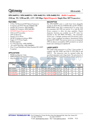 SPB-3640LWG datasheet - 1310 nm TX / 1550 nm RX , 3.3V / 155 Mbps Digital Diagnostic Single-Fiber SFP Transceiver