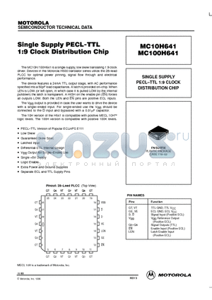 MC100H641 datasheet - SINGLE SUPPLY PECL-TTL 1:9 CLOCK DISTRIBUTION CHIP