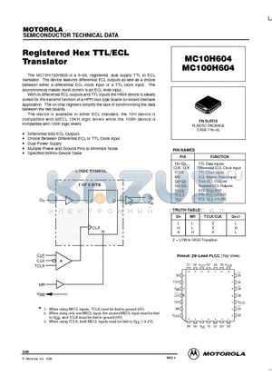 MC100H604 datasheet - Registered Hex TTL/ECL Translator