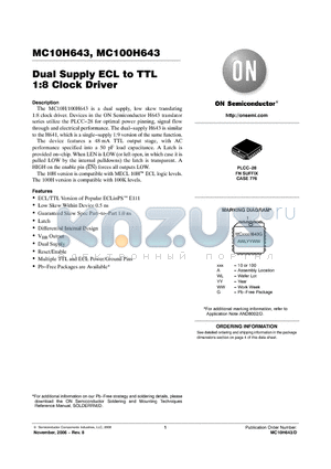 MC100H643FNR2 datasheet - Dual Supply ECL to TTL 1:8 Clock Driver