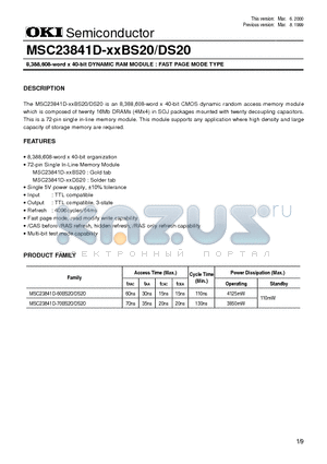 MSC23841D-70DS20 datasheet - 8,388,608-word x 40-bit DYNAMIC RAM MODULE : FAST PAGE MODE TYPE