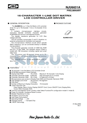 NJU6631ACH datasheet - 16-CHARACTER 1-LINE DOT MATRIX LCD CONTROLLER DRIVER