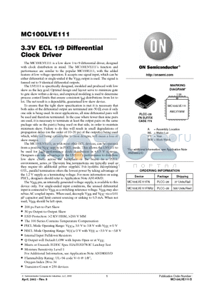 MC100LVE111FN datasheet - LOW-VOLTAGE 1:9 DIFFERENTIAL ECL/PECL CLOCK DRIVER