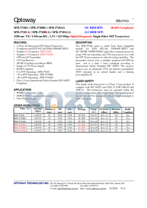 SPB-3710ALG datasheet - 1550 nm TX / 1310 nm RX , 3.3V / 125 Mbps Digital Diagnostic Single-Fiber SFP Transceiver