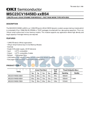 MSC23CV16458D-60BS4 datasheet - 1,048,576-word x 64-bit DYNAMIC RAM MODULE : FAST PAGE MODE TYPE WITH EDO