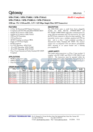 SPB-3710BLG datasheet - 1550 nm TX / 1310 nm RX , 3.3V / 125 Mbps Single-Fiber SFP Transceiver