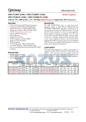 SPB-37120BLW-1510G datasheet - 1510 nm TX / 1590 nm RX , 3.3V / 155 Mbps Digital Diagnostic Single-Fiber SFP Transceiver