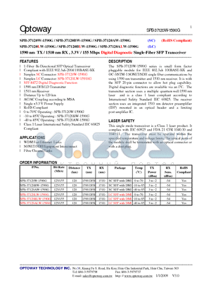 SPB-37120BW-1590G datasheet - 1590 nm TX / 1510 nm RX , 3.3V / 155 Mbps Digital Diagnostic Single-Fiber SFP Transceiver
