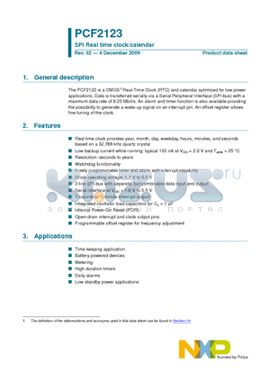 PCF2123U/12AA datasheet - SPI Real time clock/calendar