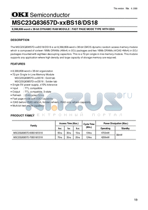 MSC23Q83657D-70BS18 datasheet - 8,388,608-word x 36-bit DYNAMIC RAM MODULE : FAST PAGE MODE TYPE WITH EDO