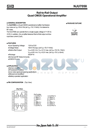 NJU7058 datasheet - Rail-to-Rail Output Quad CMOS Operational Amplifier