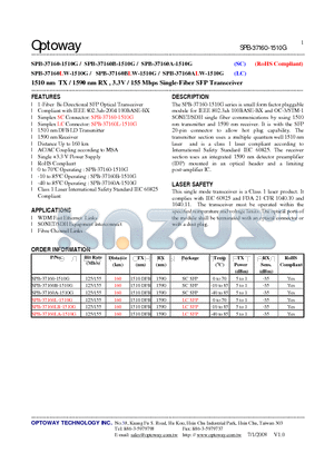 SPB-37160L-1510G datasheet - 1510 nm TX / 1590 nm RX , 3.3V / 155 Mbps Single-Fiber SFP Transceiver