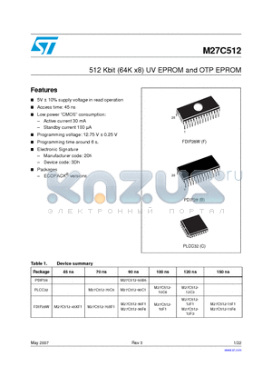 M27C512-12B6 datasheet - 512 Kbit (64K x8) UV EPROM and OTP EPROM