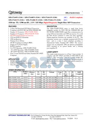 SPB-37160LBW-1510G datasheet - 1510 nm TX / 1590 nm RX , 3.3V / 155 Mbps Digital Diagnostic Single-Fiber SFP Transceiver