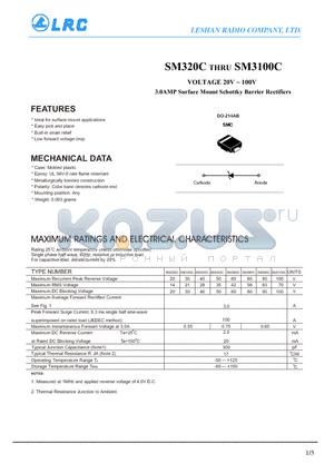SM340C datasheet - VOLTAGE 20V ~ 100V 3.0AMP Surface Mount Schottky Barrier Rectifiers