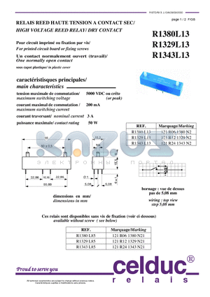 R1380L13 datasheet - HIGH VOLTAGE REED RELAY/ DRY CONTACT