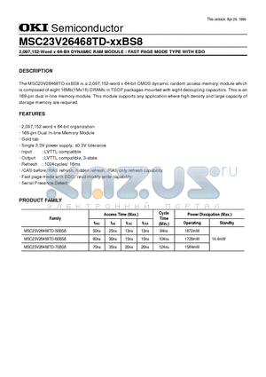 MSC23V26468TD-70 datasheet - 2,097,152-Word x 64-Bit DYNAMIC RAM MODULE : FAST PAGE MODE TYPE WITH EDO