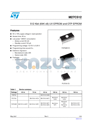 M27C512-12F3 datasheet - 512 Kbit (64K x8) UV EPROM and OTP EPROM
