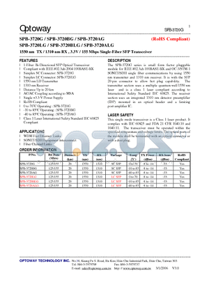 SPB-3720LG datasheet - 1550 nm TX / 1310 nm RX , 3.3V / 155 Mbps Single-Fiber SFP Transceiver