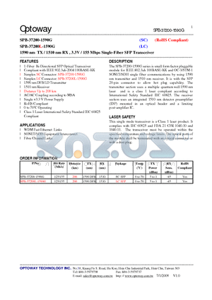 SPB-37200L-1590G datasheet - 1590 nm TX / 1510 nm RX , 3.3V / 155 Mbps Single-Fiber SFP Transceiver