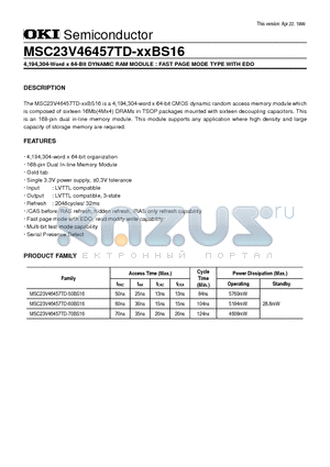 MSC23V46457TD-50BS16 datasheet - 4,194,304-Word x 64-Bit DYNAMIC RAM MODULE : FAST PAGE MODE TYPE WITH EDO