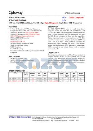 SPB-37200W-1590G datasheet - 1590 nm TX / 1510 nm RX , 3.3V / 155 Mbps Digital Diagnostic Single-Fiber SFP Transceiver