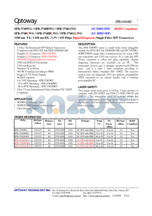 SPB-3740BWG datasheet - 1550 nm TX / 1310 nm RX , 3.3V / 155 Mbps Digital Diagnostic Single-Fiber SFP Transceiver