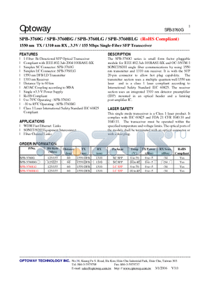 SPB-3760LG datasheet - 1550 nm TX / 1310 nm RX , 3.3V / 155 Mbps Single-Fiber SFP Transceiver