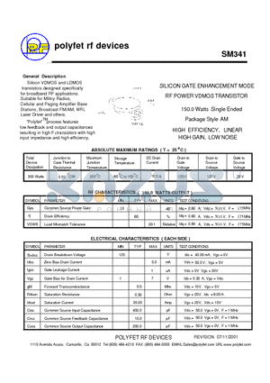 SM341 datasheet - SILICON GATE ENHANCEMENT MODE RF POWER VDMOS TRANSISTOR