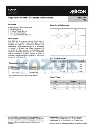 SWD-109TR datasheet - Single Driver for GaAs FET Switches and Attenuators
