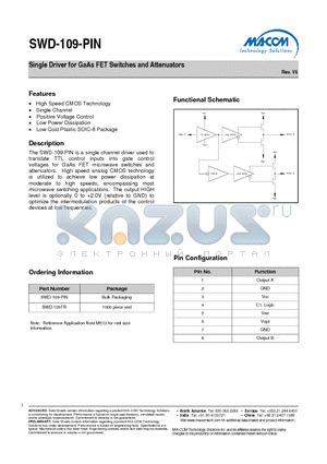 SWD-109TR datasheet - Single Driver for GaAs FET Switches and Attenuators