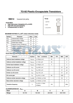 S9014 datasheet - TO-92 Plastic-Encapsulate Transistors