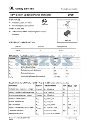 S9011 datasheet - NPN Silicon Epitaxial Planar Transistor