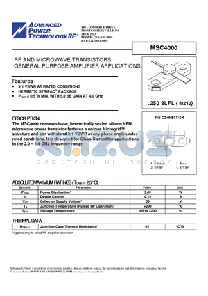 MSC4000 datasheet - RF AND MICROWAVE TRANSISTORS GENERAL PURPOSE AMPLIFIER APPLICATIONS