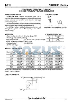 NJU7200U55 datasheet - SUPER LOW OPERATING CURRENT C-MOS 3-TERMINAL VOLTAGE REGULATOR