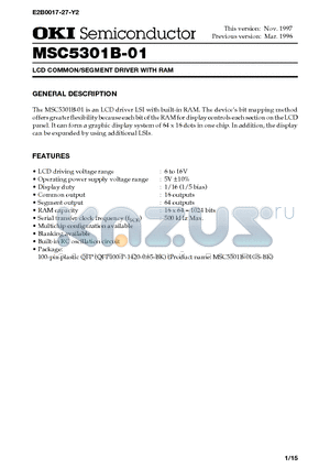 MSC5301B-01 datasheet - LCD COMMON/SEGMENT DRIVER WITH RAM
