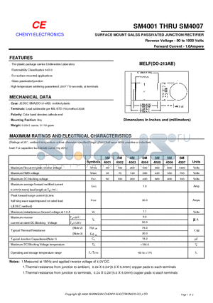 SM4001 datasheet - SURFACE MOUNT GALSS PASSIVATED JUNCTION RECTIFIER