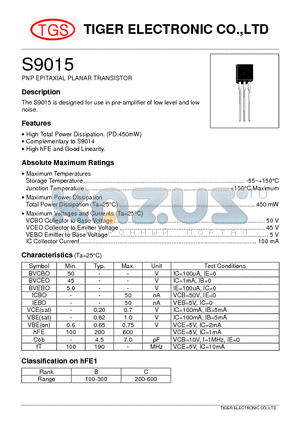 S9015 datasheet - PNP EPITAXIAL PLANAR TRANSISTOR