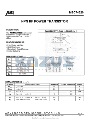 MSC74520 datasheet - NPN RF POWER TRANSISTOR